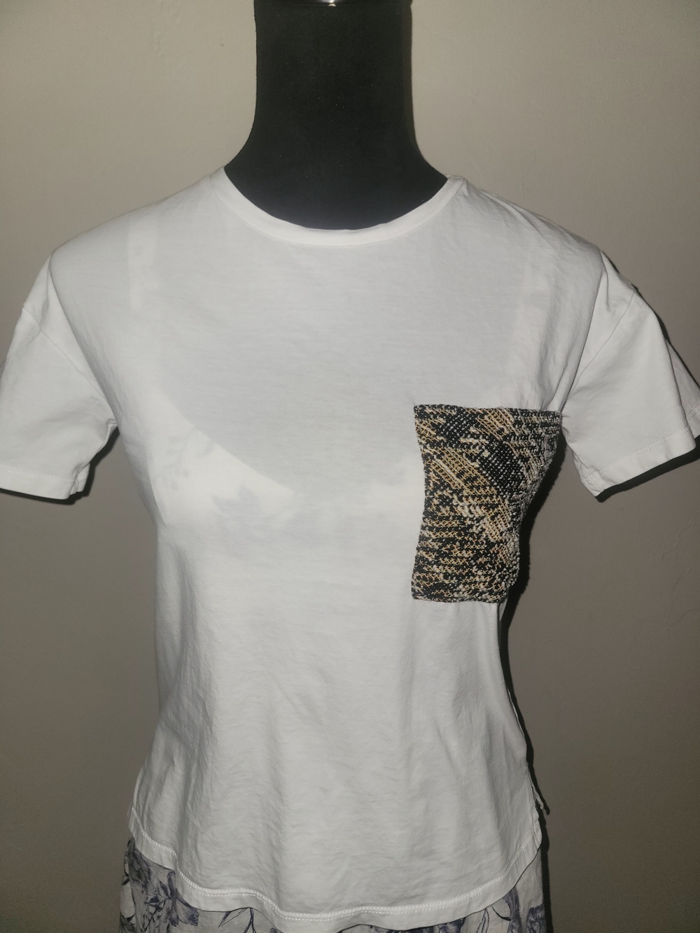 Mango White Short Sleeve Tee with Patterned Chest Pocket